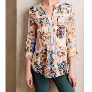 Anthropologie Maeve‎ Pintuck Top Womens Size 0 Floral Fairy Abella Crochet Boho
